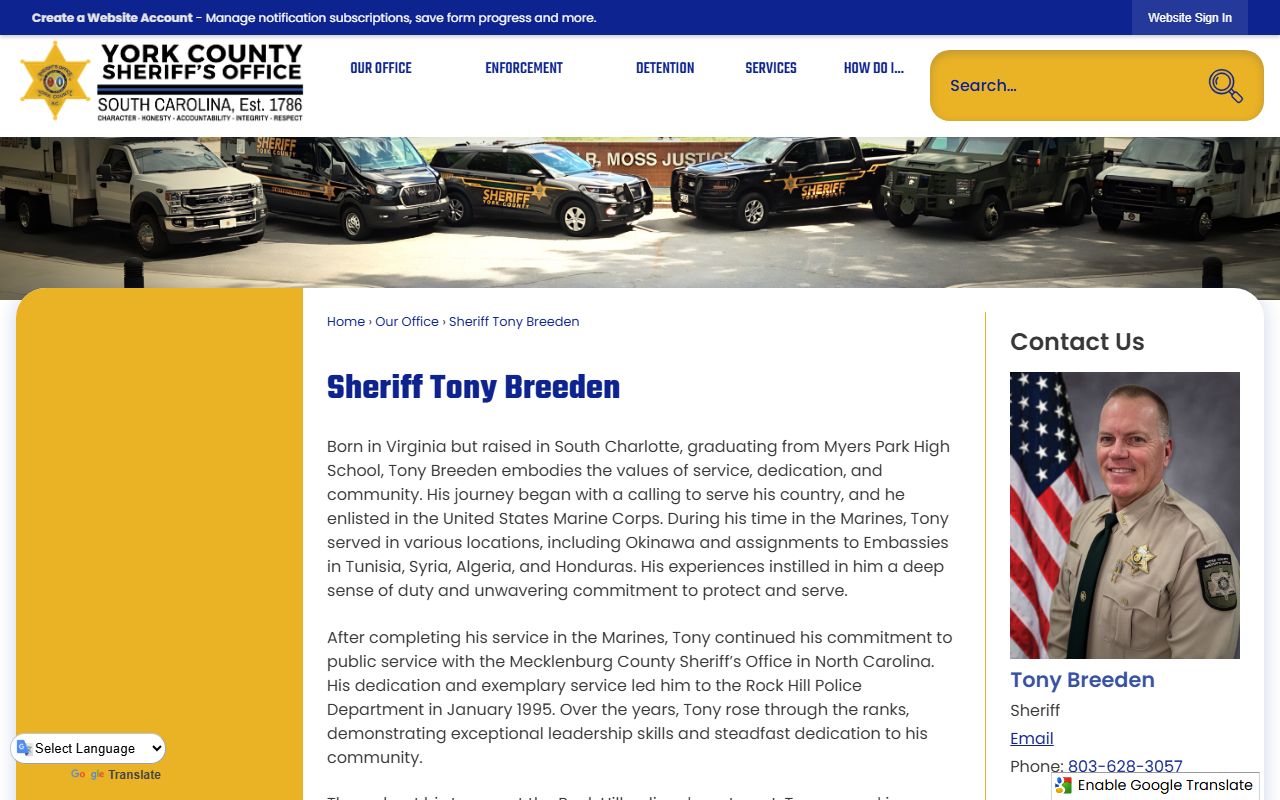 York County arrest records Sheriff Tony Breeden contact page