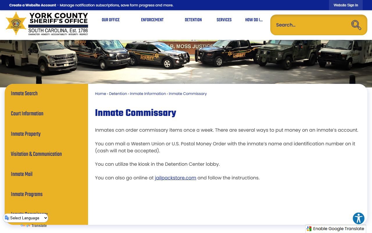 York County inmate records commissary information