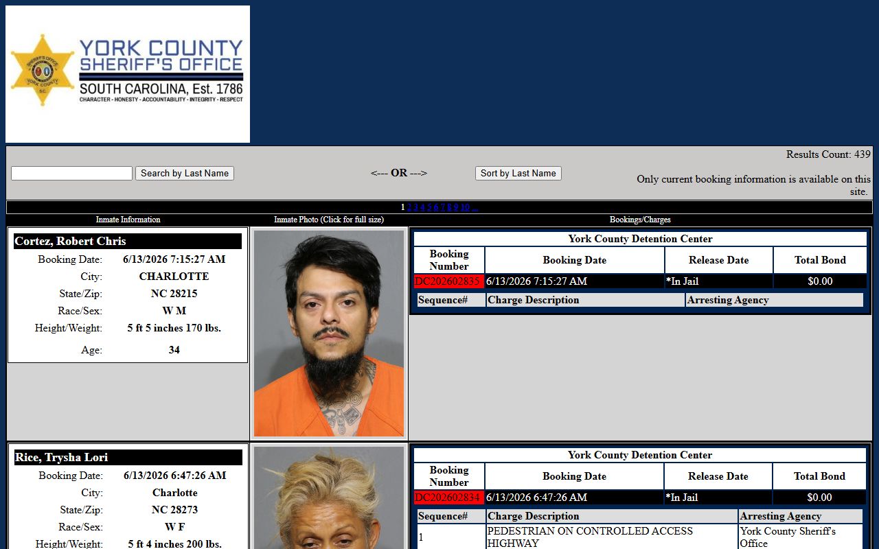 York County inmate search current roster fields