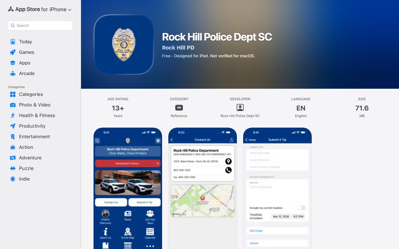 York County warrant search Rock Hill Police iOS app listing